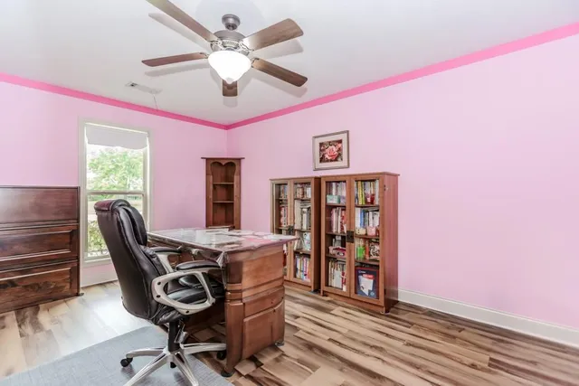 a workspace with chandelier