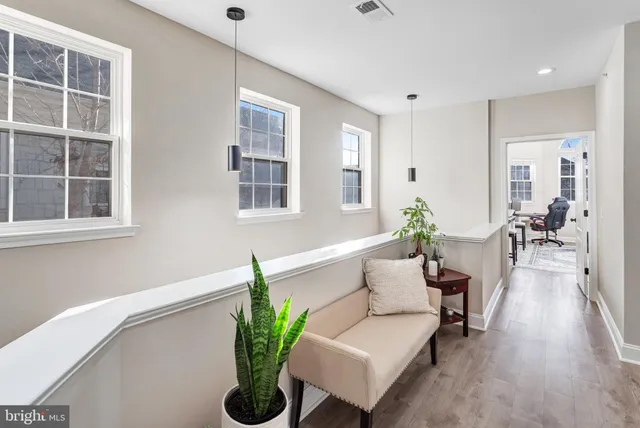 a living room with furniture a potted plant and a wooden floor