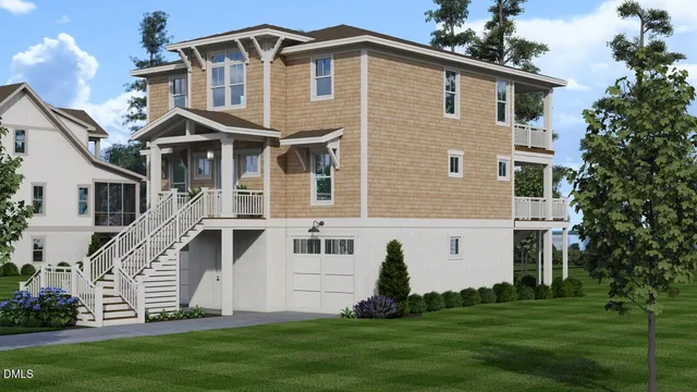 a view of a white house next to a yard with big trees