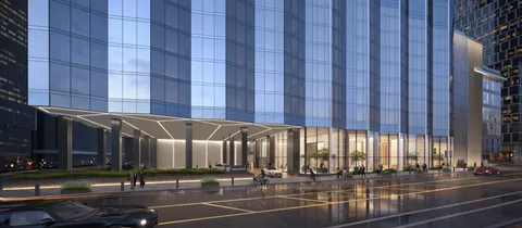 a building with street view and window in the background