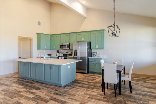 a kitchen with kitchen island a cabinets a sink a counter space and stainless steel appliances
