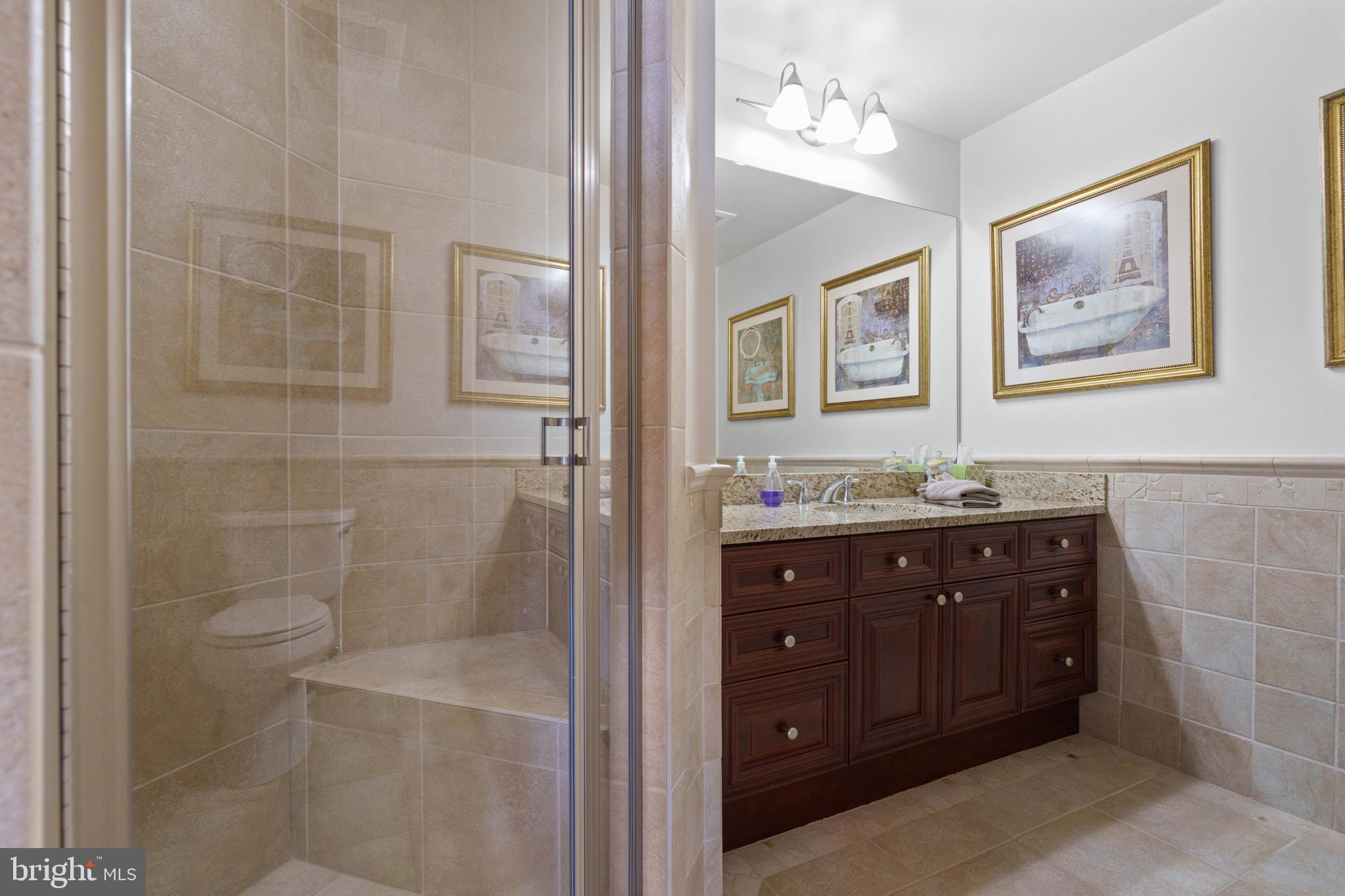 11990 Market Street, Unit 813 Reston, VA 20190 - Photo 17 of 48 a bathroom with a granite countertop sink a mirror and a shower