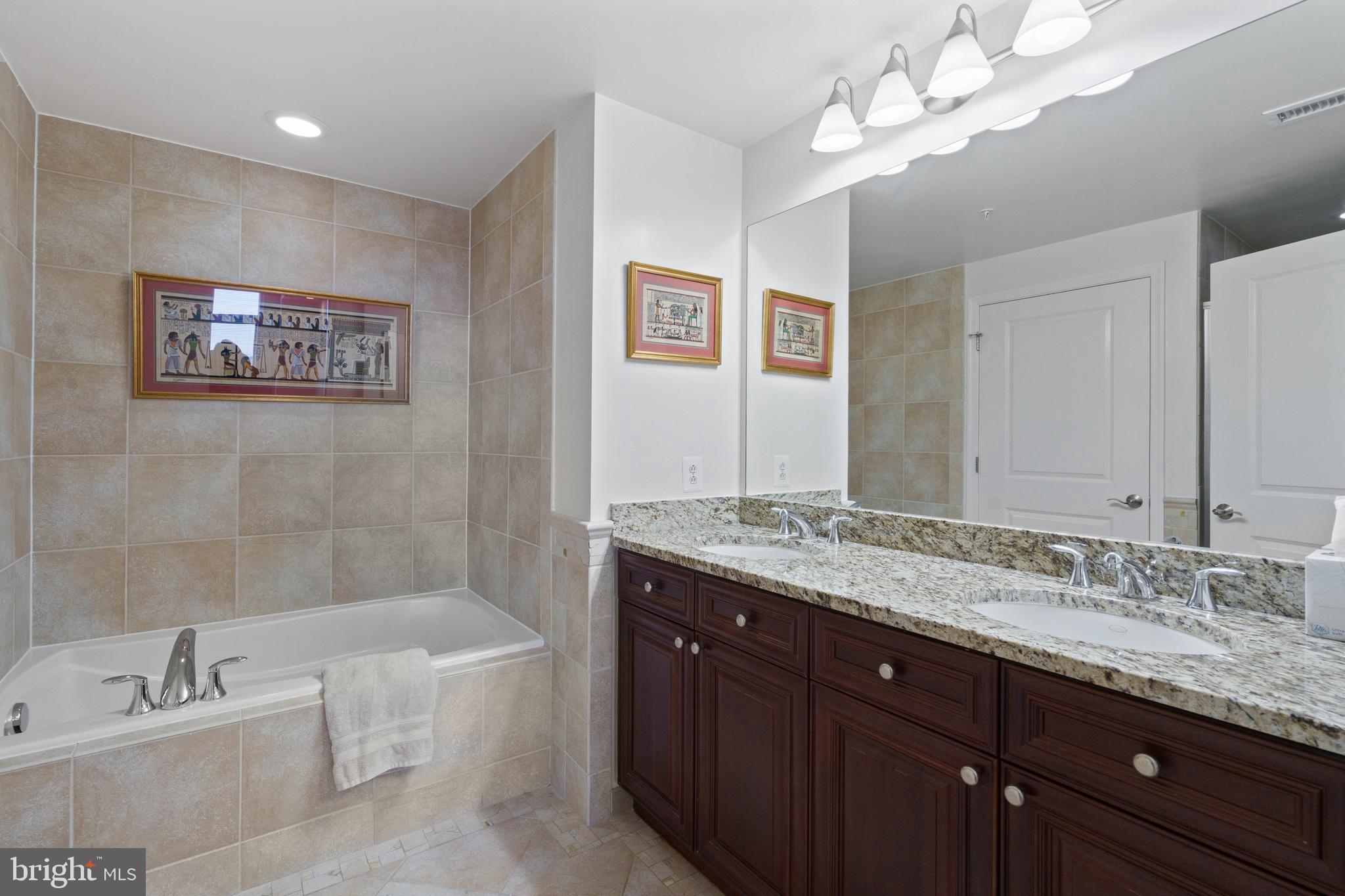 11990 Market Street, Unit 813 Reston, VA 20190 - Photo 22 of 48 a bathroom with a granite countertop bathtub a sink and a mirror