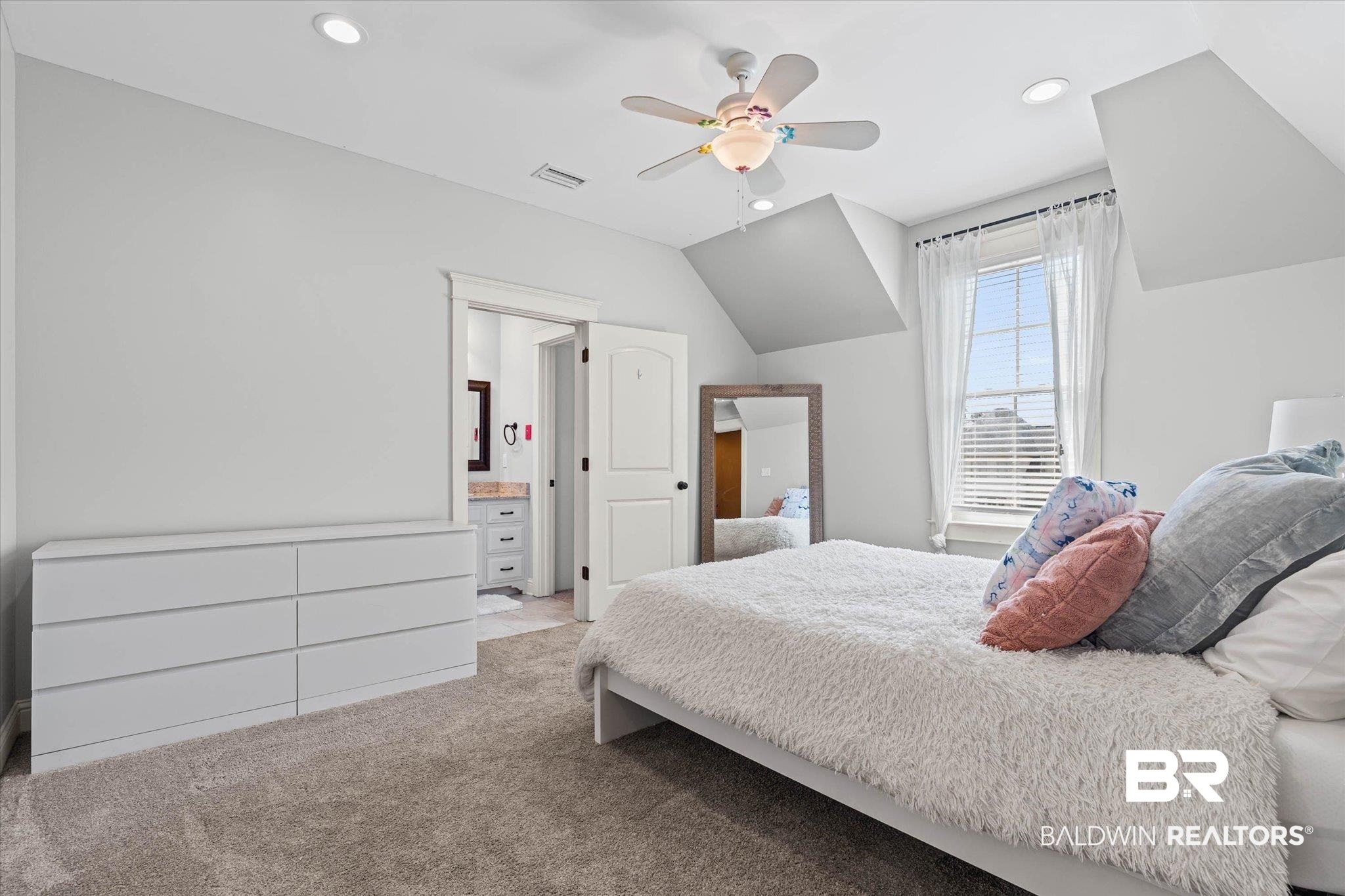 7676 Rockstone Lane Mobile, AL 36695 - Photo 24 of 47 Carpeted bedroom with recessed lighting, vaulted ceiling, a ceiling fan, and ensuite bath