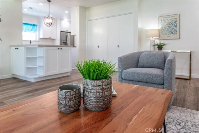 a living room with furniture and a potted plant