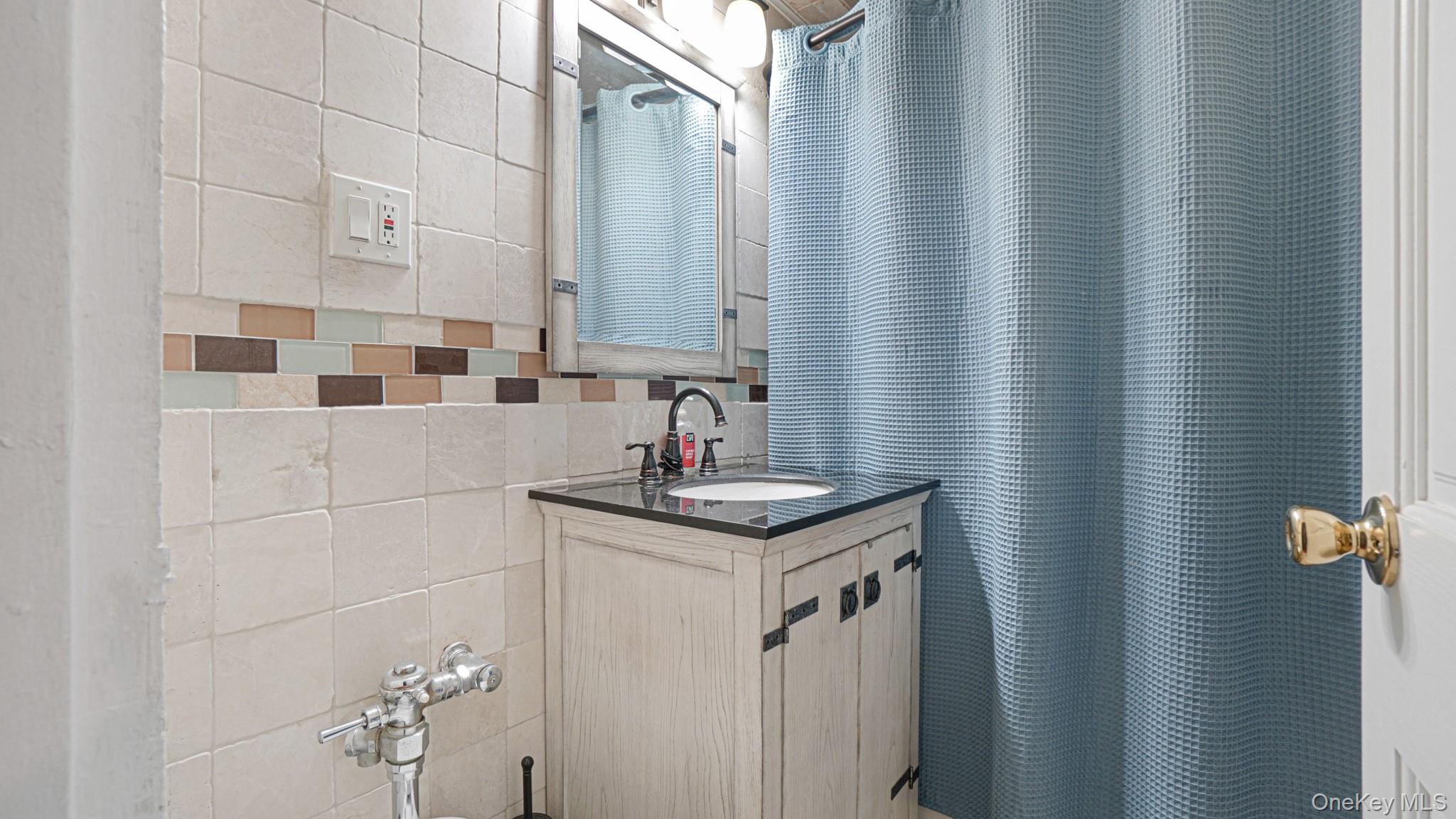 2075 St Raymond Avenue, Unit 5H Bronx, NY 10462 - Photo 7 of 8 a bathroom with a granite countertop sink a mirror and shower