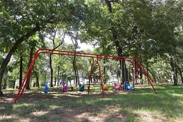 a view of a yard with plants and trees
