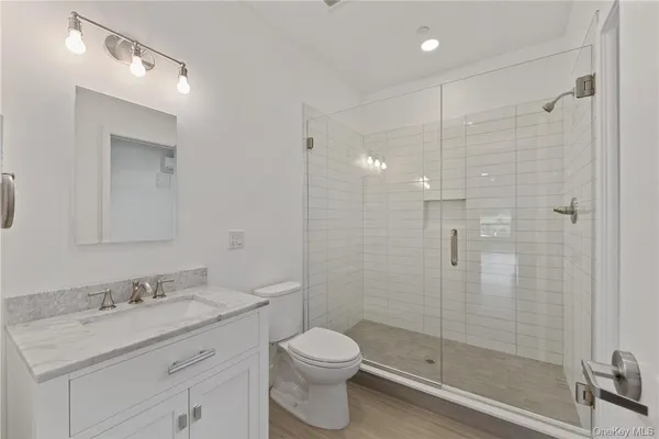 a bathroom with a granite countertop sink a toilet and shower