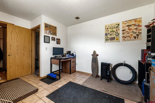 a living room with a furniture a rug and a window