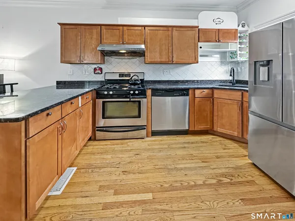 a kitchen with stainless steel appliances granite countertop a stove a sink dishwasher and a refrigerator
