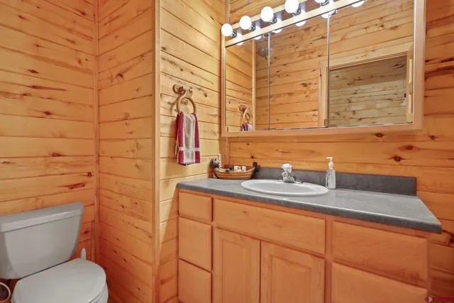 a bathroom with a granite countertop toilet sink and mirror