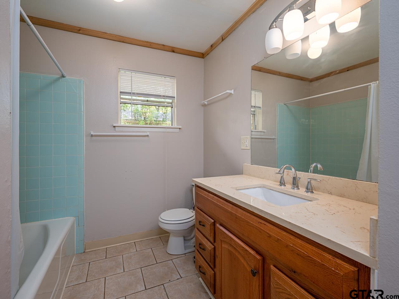 2722 McDonald Road Tyler, TX 75701 - Photo 21 of 28 a bathroom with a granite countertop sink a toilet and a mirror