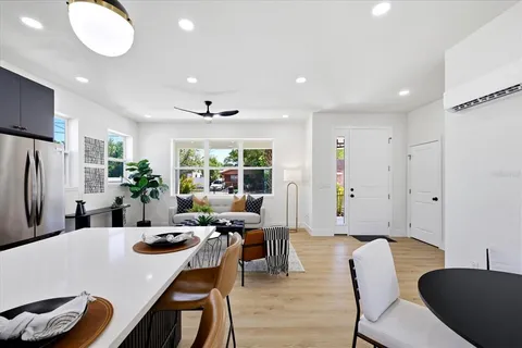 a view of a dining room with furniture