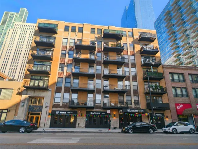 a view of a building and a street light
