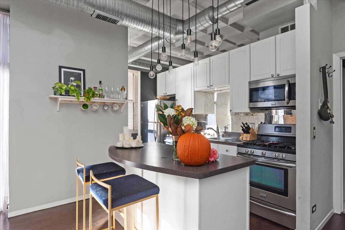 1307 South Wabash Avenue, Unit 605 Chicago, IL 60605 - Photo 4 of 11 a kitchen with stainless steel appliances kitchen island granite countertop a stove and cabinets