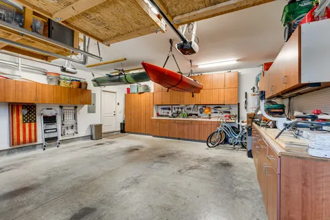 a view of a garage with storage