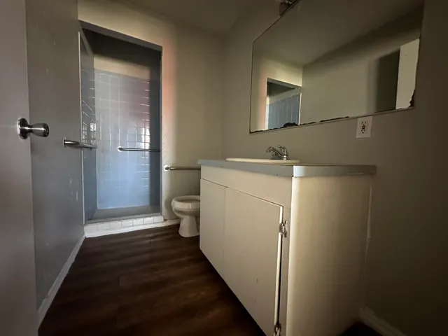 a bathroom with a sink a toilet and shower