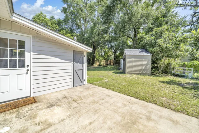 a view of a backyard with large trees