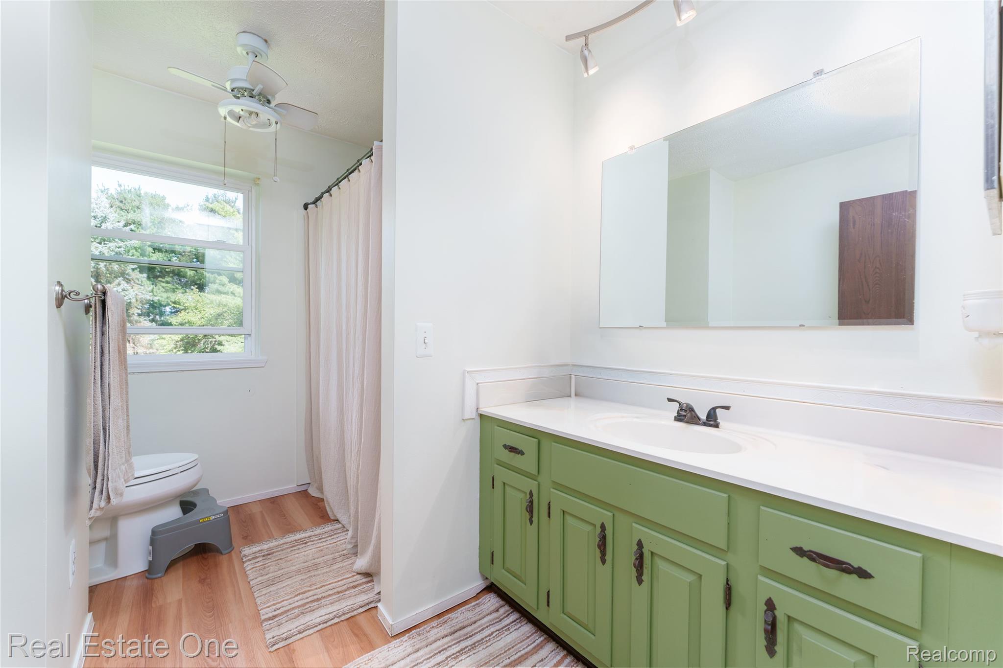 5130 Iosco Road Webberville, MI 48892 - Photo 23 of 39 Wood-finish flooring, white walls, green vanity with white countertop, track lighting, and a ceiling fan with light fixture