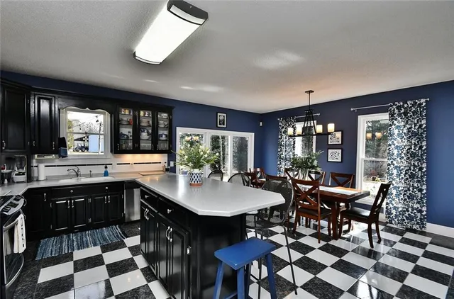 a kitchen with a sink appliances and cabinets