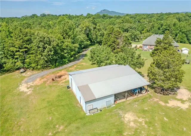 an aerial view of a house with swimming pool and large trees