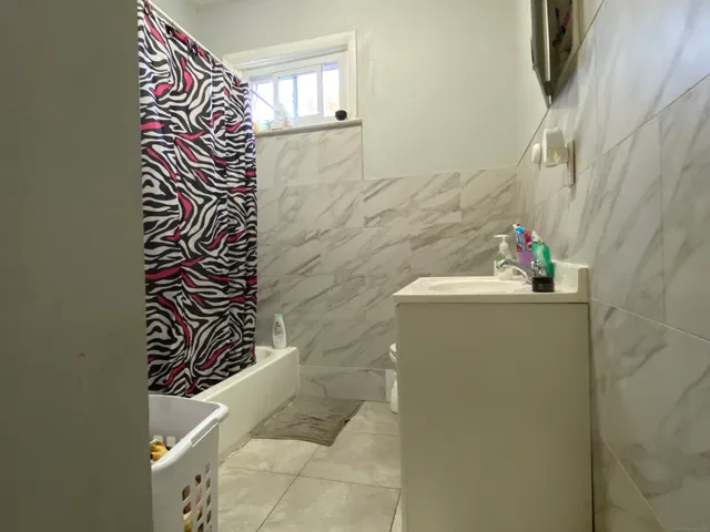 a bathroom with a shower and a sink