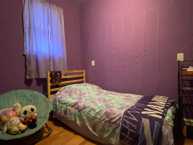 a bedroom with a bed and a closet with wooden floor