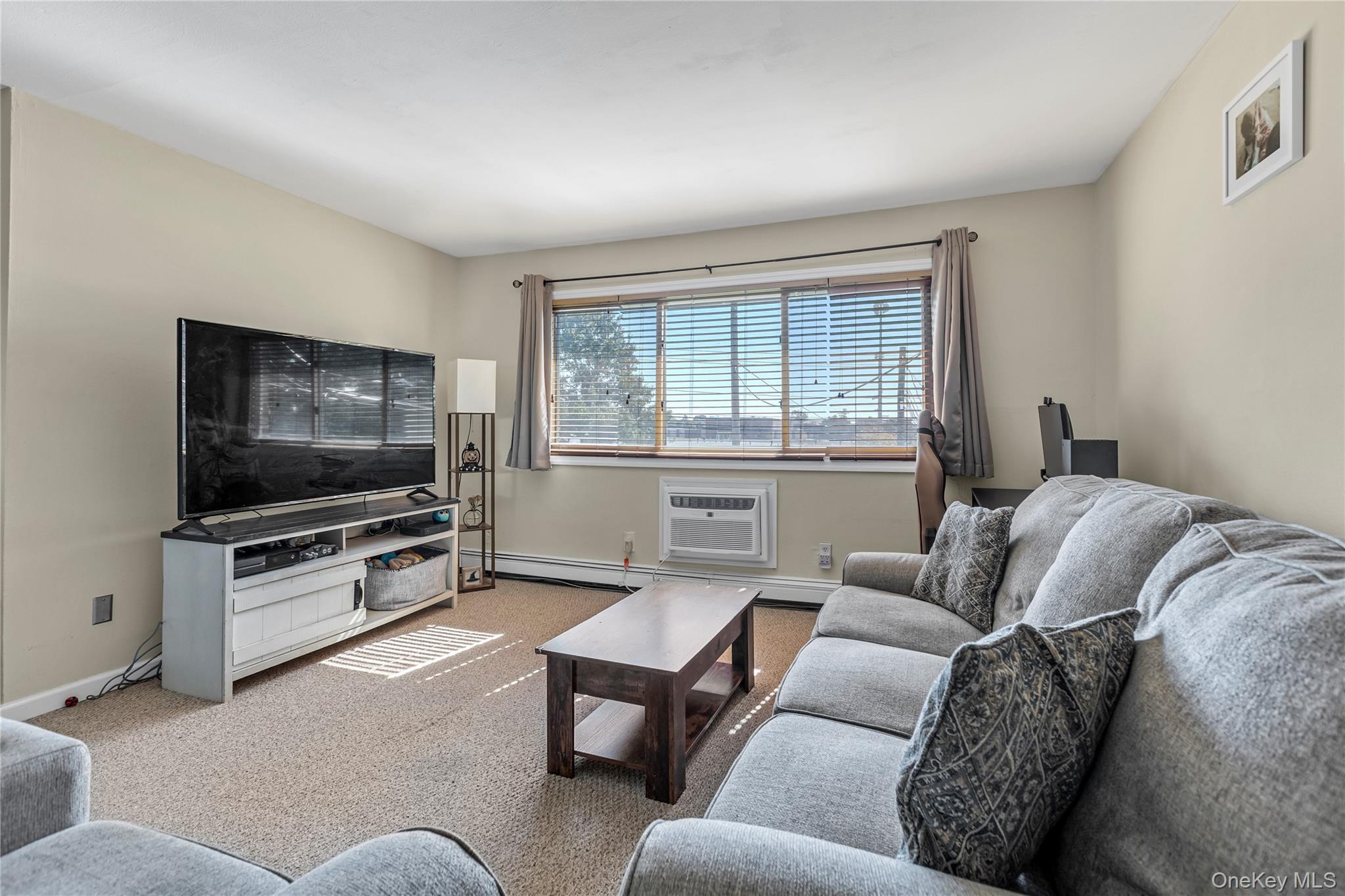 Living area with carpet floors, an AC wall unit, and baseboard heating
