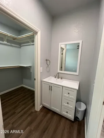 a bathroom with a sink mirror and vanity