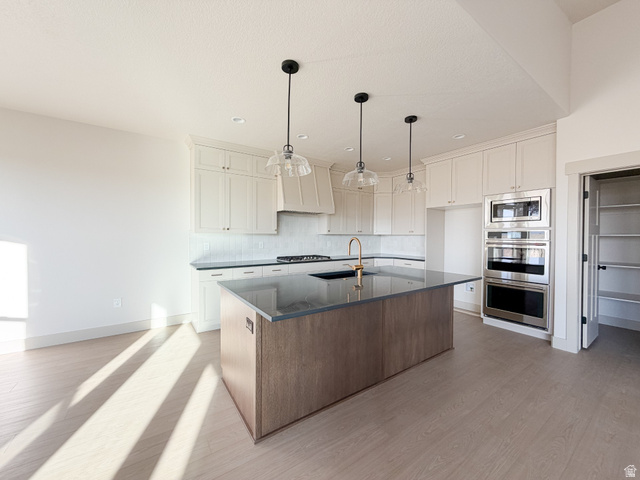533 West S Temple Street, Unit 309 Tooele, UT 84074 - Photo 2 of 24 Kitchen featuring light wood-style floors, appliances with stainless steel finishes, a kitchen island with sink, decorative light fixtures, and white cabinets