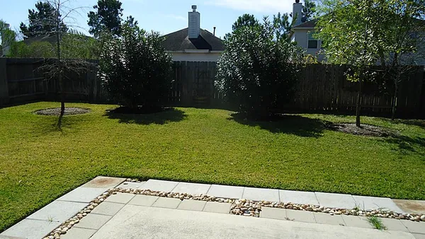 a garden view with a seating space