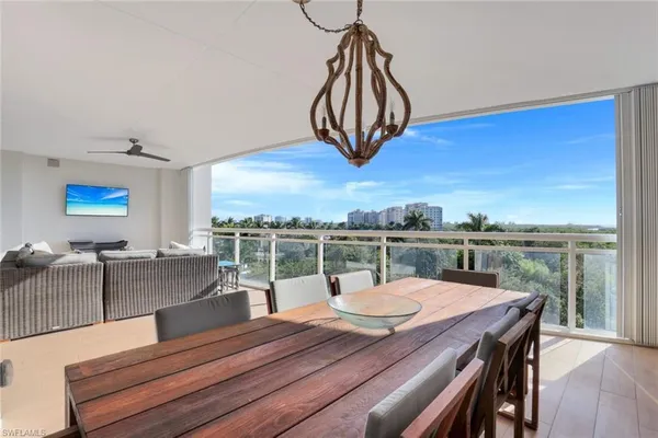 a view of a dining room with furniture window and outside view