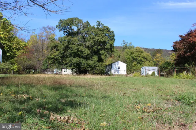 a aerial view of a house with a yard and large trees