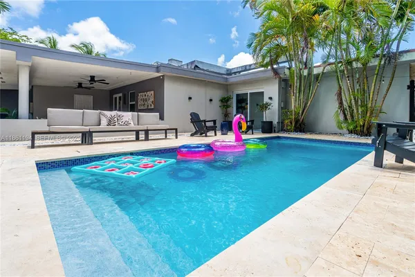 a view of a backyard with swimming pool