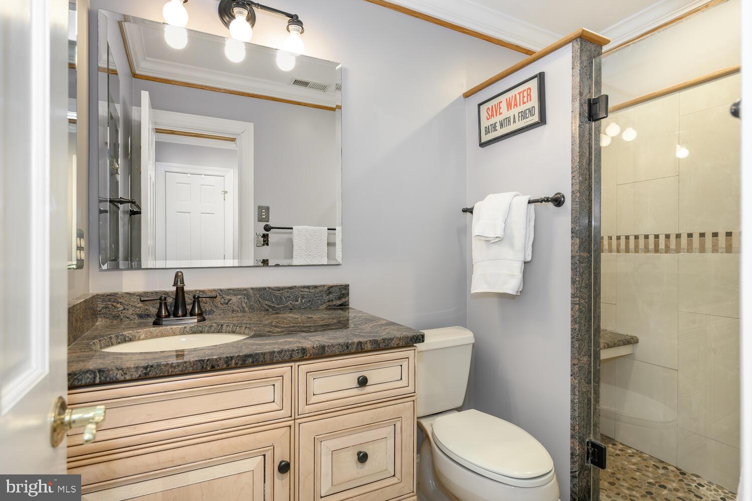 25706 Edgeview Road Royal Oak, MD 21662 - Photo 26 of 31 a bathroom with a granite countertop toilet sink and mirror
