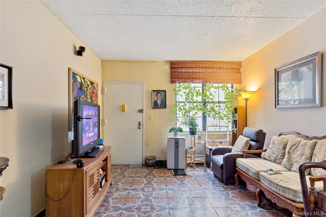 a living room with furniture a flat screen tv and a window