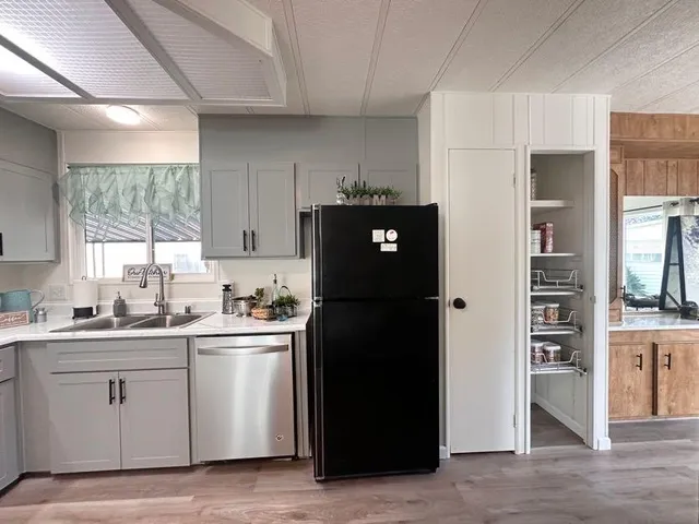 a kitchen with a sink dishwasher a refrigerator and cabinets