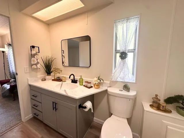 a bathroom with a toilet sink and mirror
