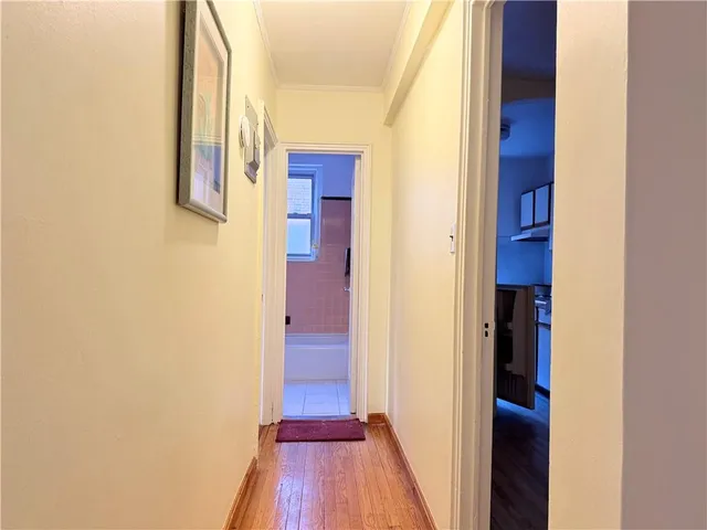 a view of a hallway with wooden floor and entryway