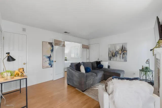 a living room with furniture and a potted plant