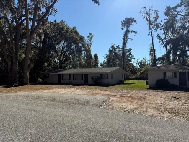 a tall house with trees in front of it