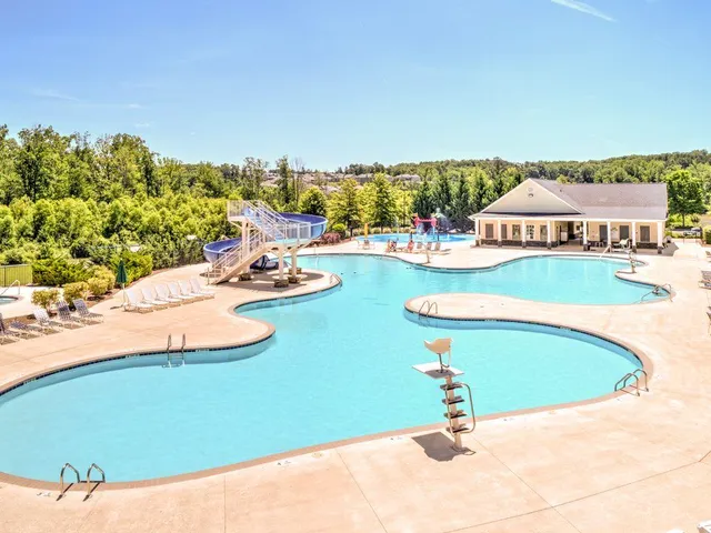 an aerial view of a swimming pool