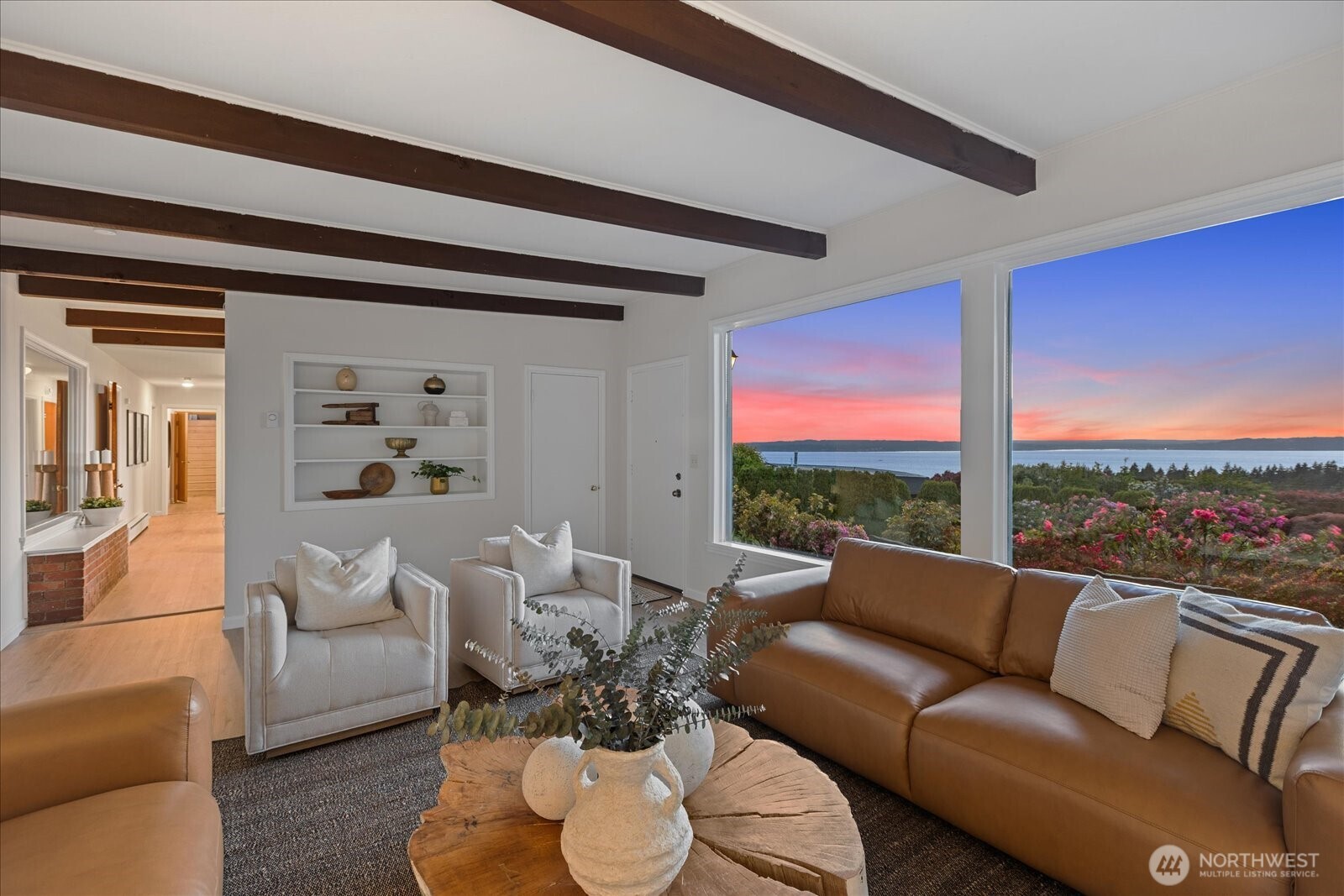 18220 Ridgefield Road Northwest Shoreline, WA 98177 - Photo 11 of 40 a living room with furniture city view and a floor to ceiling window