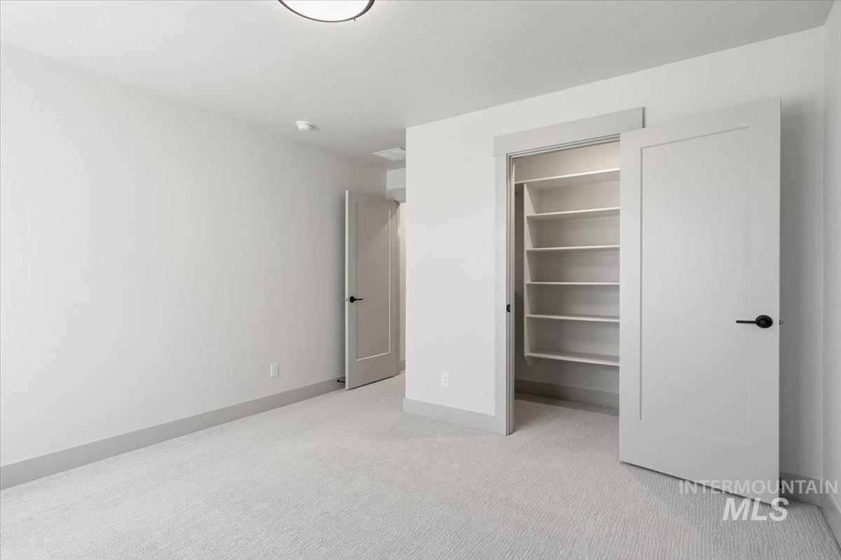 6762 South Messner Way Meridian, ID 83642 - Photo 33 of 35 Carpeted room featuring a built-in closet with multiple shelves, modern doors, and a ceiling light fixture