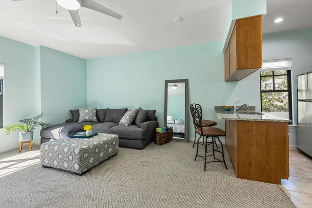 a living room with furniture and a potted plant