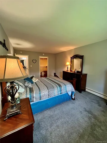 a bedroom with a bed and dresser with mirror