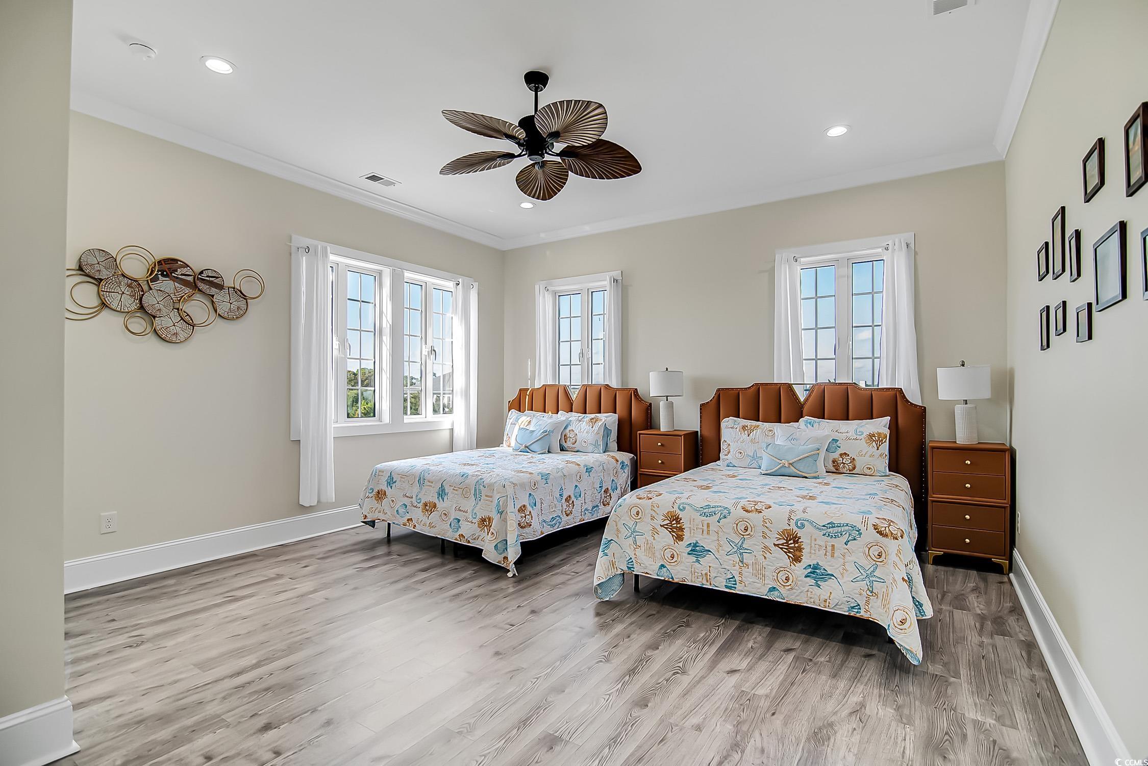 139 Pioneer Loop Georgetown, SC 29440 - Photo 23 of 39 Bedroom featuring ornamental molding, light wood-style floors, a ceiling fan, and recessed lighting