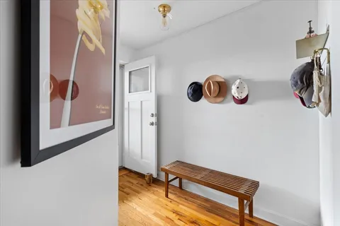 a view of an entryway with wall paintings