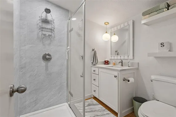 a bathroom with a sink a toilet a mirror and shower