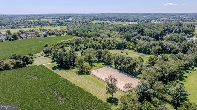 an aerial view of a residential houses with outdoor space and trees all around